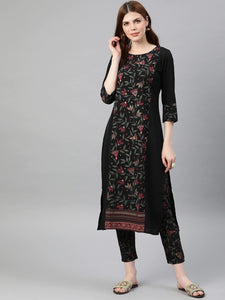 Symmetric Floral Foil Print Kurati in Black