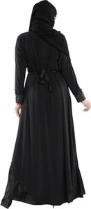 TUCUTE Women's Ready to Wear-Instant Velvet Embosed Lycra Abaya Burkha with Waist Belt/Scarf Hijab (BLACK-PEARL-381)